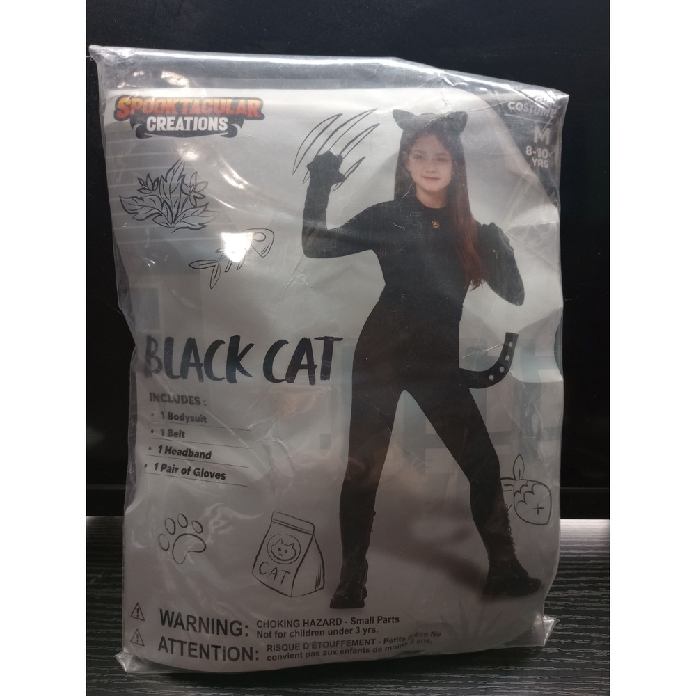 Girls Black Cat Costume Medium 8-10 Spooktacular Creations Bodysuit Belt Gloves